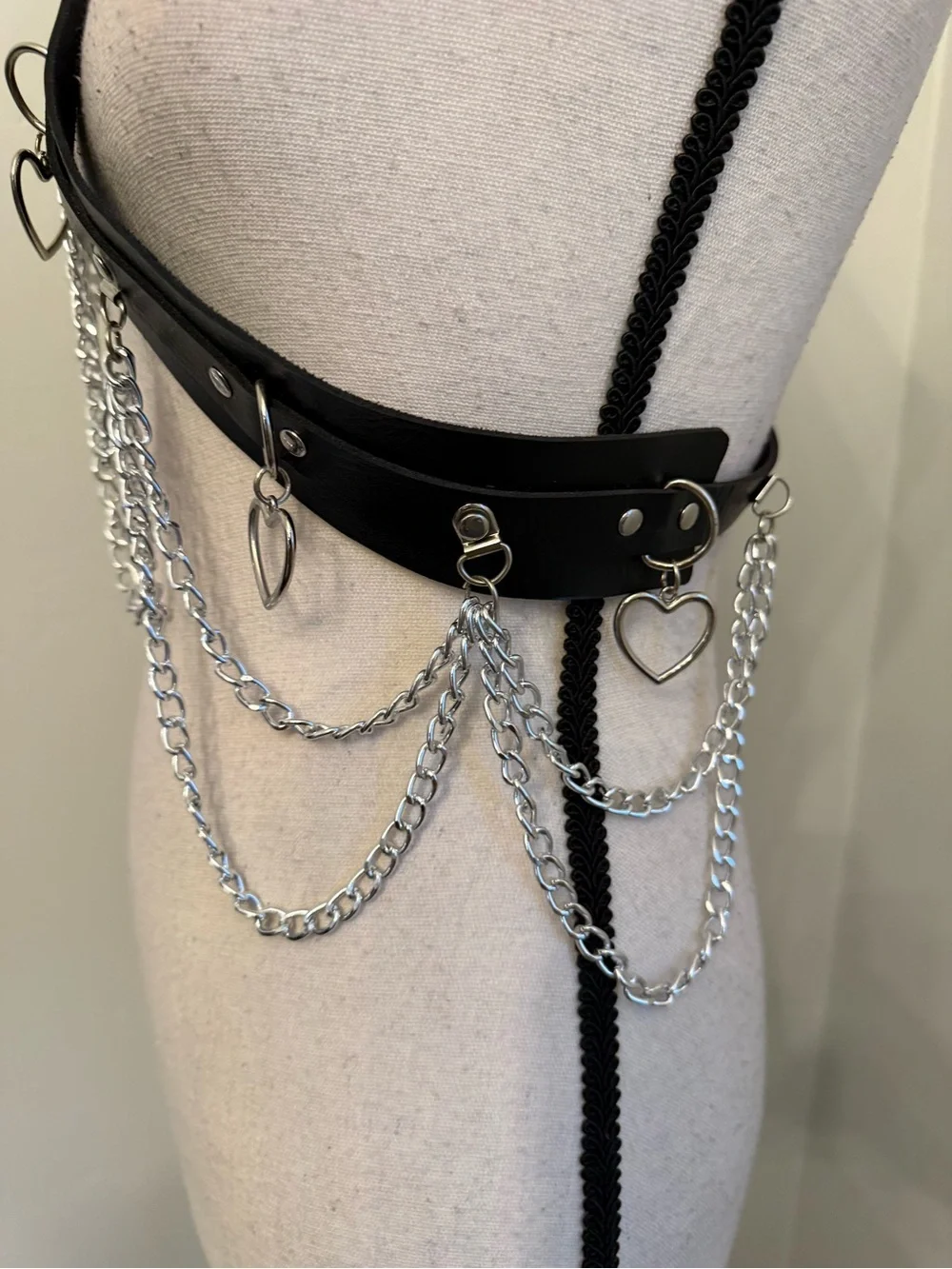 Y2K Black Faux Leather Chain Harness Belt Heart Charm Punk Goth Festival